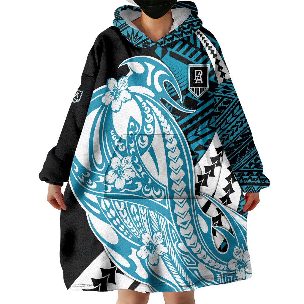 Personalized Port Adelaide Power Wearable Blanket Hoodie Polynesian Tribal Lightning Bolt Mascot With Hibiscus Floral Art