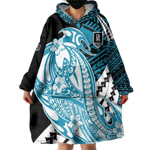 Personalized Port Adelaide Power Wearable Blanket Hoodie Polynesian Tribal Lightning Bolt Mascot With Hibiscus Floral Art