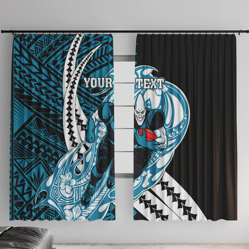 Personalized Port Adelaide Power Window Curtain Polynesian Tribal Lightning Bolt Mascot With Hibiscus Floral Art