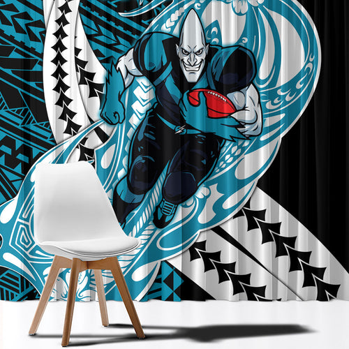 Personalized Port Adelaide Power Window Curtain Polynesian Tribal Lightning Bolt Mascot With Hibiscus Floral Art