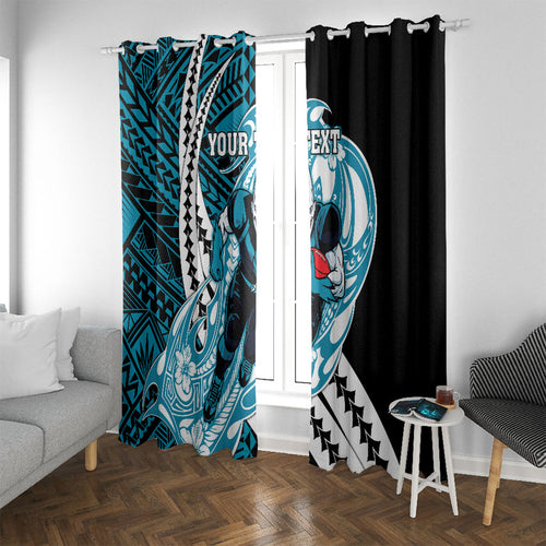Personalized Port Adelaide Power Window Curtain Polynesian Tribal Lightning Bolt Mascot With Hibiscus Floral Art