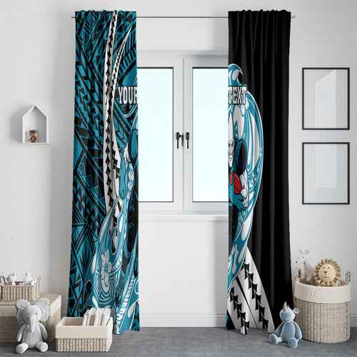 Personalized Port Adelaide Power Window Curtain Polynesian Tribal Lightning Bolt Mascot With Hibiscus Floral Art