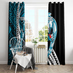 Personalized Port Adelaide Power Window Curtain Polynesian Tribal Lightning Bolt Mascot With Hibiscus Floral Art