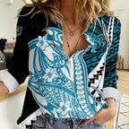 Personalized Port Adelaide Power Women Casual Shirt Polynesian Tribal Lightning Bolt Mascot With Hibiscus Floral Art
