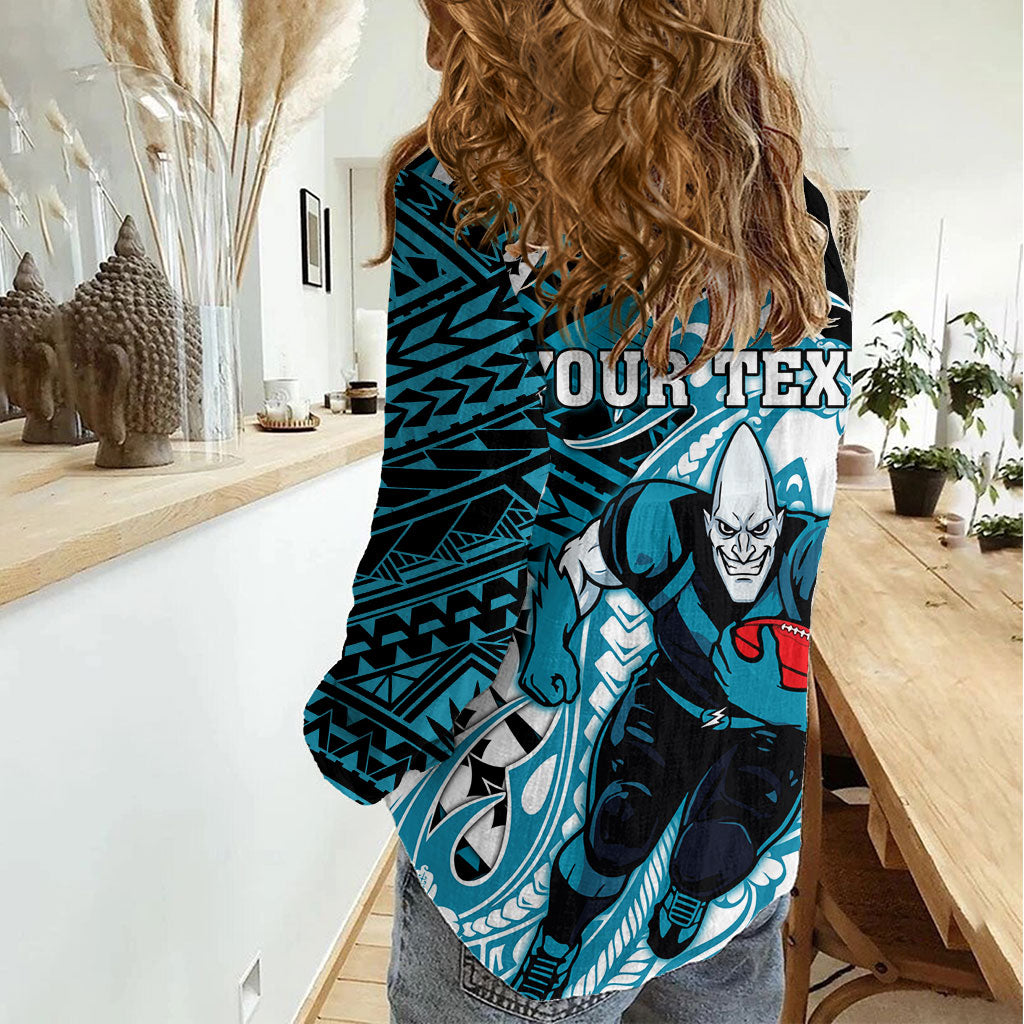 Personalized Port Adelaide Power Women Casual Shirt Polynesian Tribal Lightning Bolt Mascot With Hibiscus Floral Art