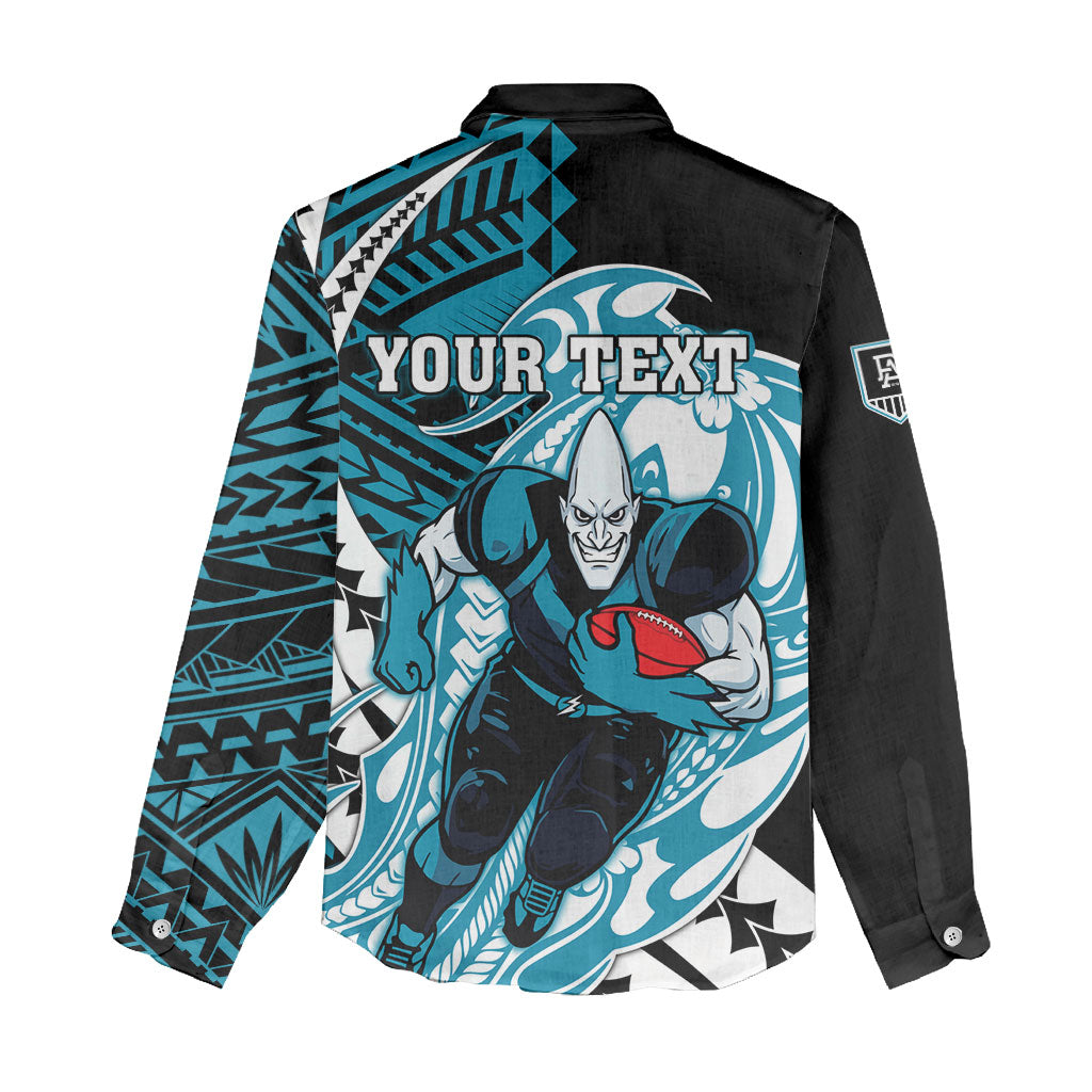 Personalized Port Adelaide Power Women Casual Shirt Polynesian Tribal Lightning Bolt Mascot With Hibiscus Floral Art