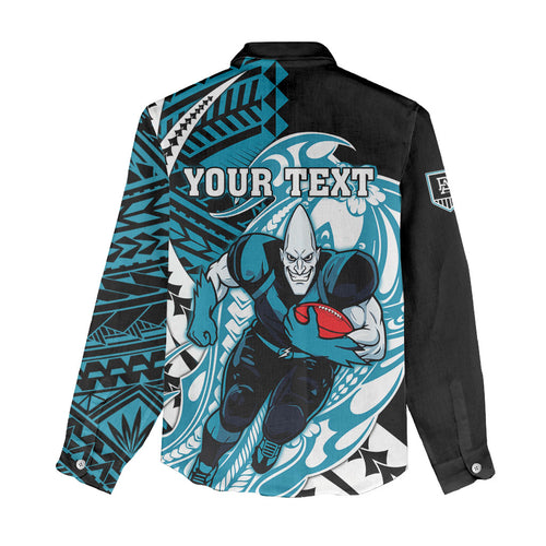 Personalized Port Adelaide Power Women Casual Shirt Polynesian Tribal Lightning Bolt Mascot With Hibiscus Floral Art