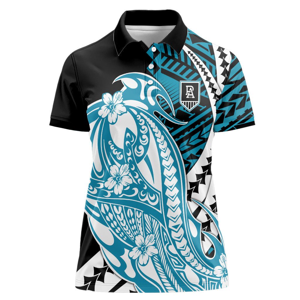 Personalized Port Adelaide Power Women Polo Shirt Polynesian Tribal Lightning Bolt Mascot With Hibiscus Floral Art