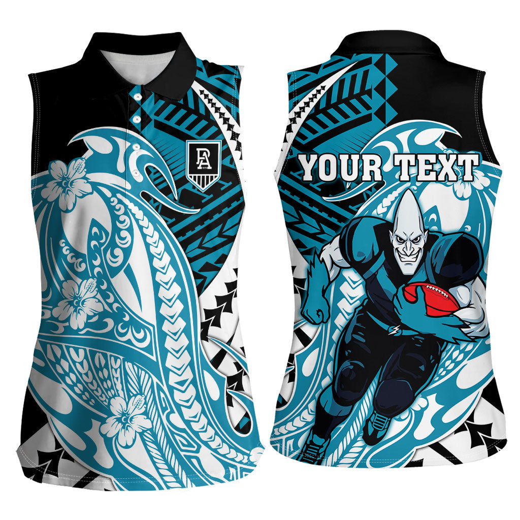 Personalized Port Adelaide Power Women Sleeveless Polo Shirt Polynesian Tribal Lightning Bolt Mascot With Hibiscus Floral Art