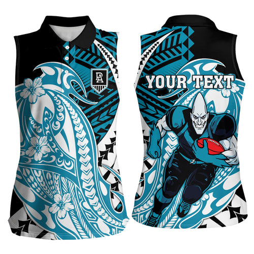 Personalized Port Adelaide Power Women Sleeveless Polo Shirt Polynesian Tribal Lightning Bolt Mascot With Hibiscus Floral Art