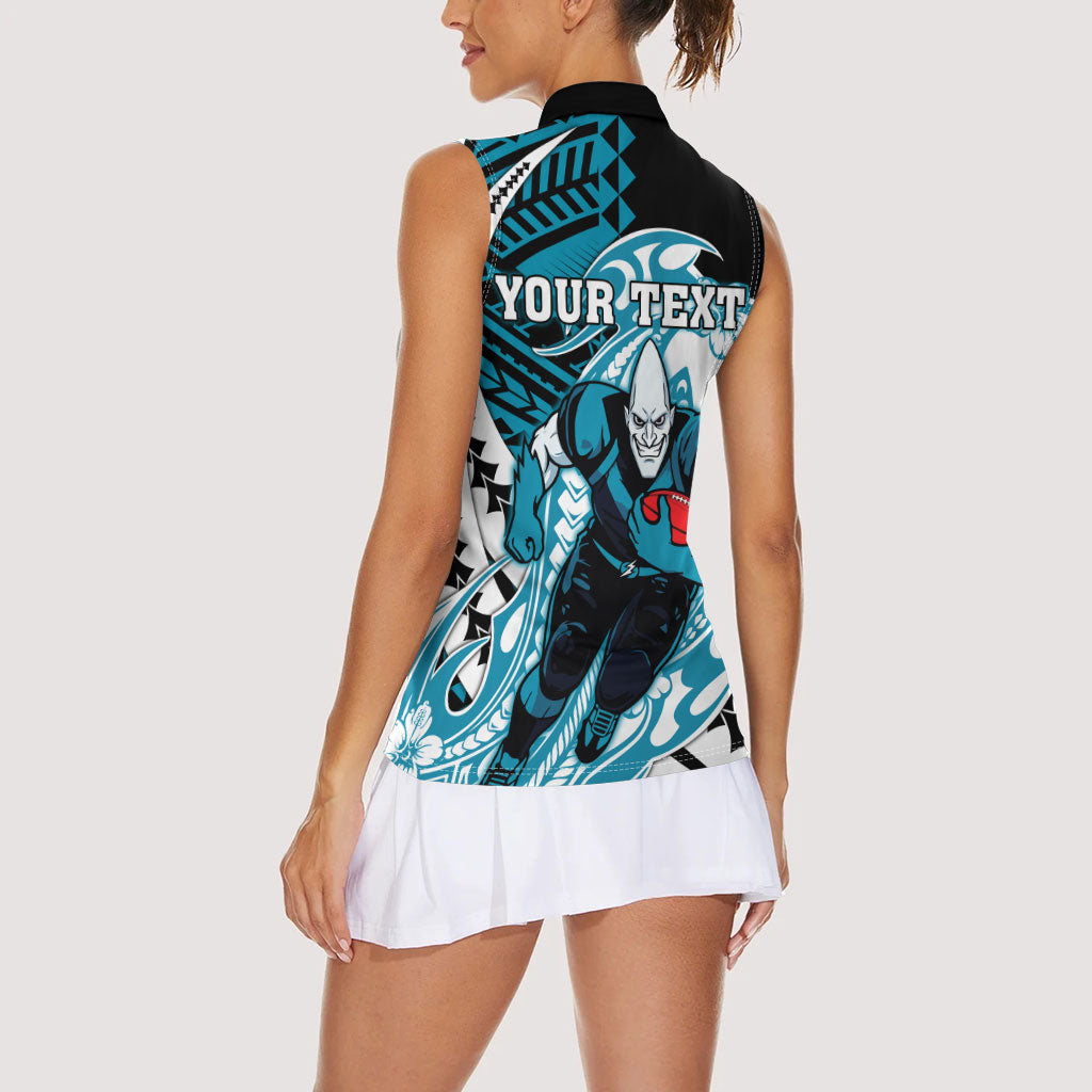 Personalized Port Adelaide Power Women Sleeveless Polo Shirt Polynesian Tribal Lightning Bolt Mascot With Hibiscus Floral Art