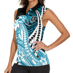 Personalized Port Adelaide Power Women Sleeveless Polo Shirt Polynesian Tribal Lightning Bolt Mascot With Hibiscus Floral Art