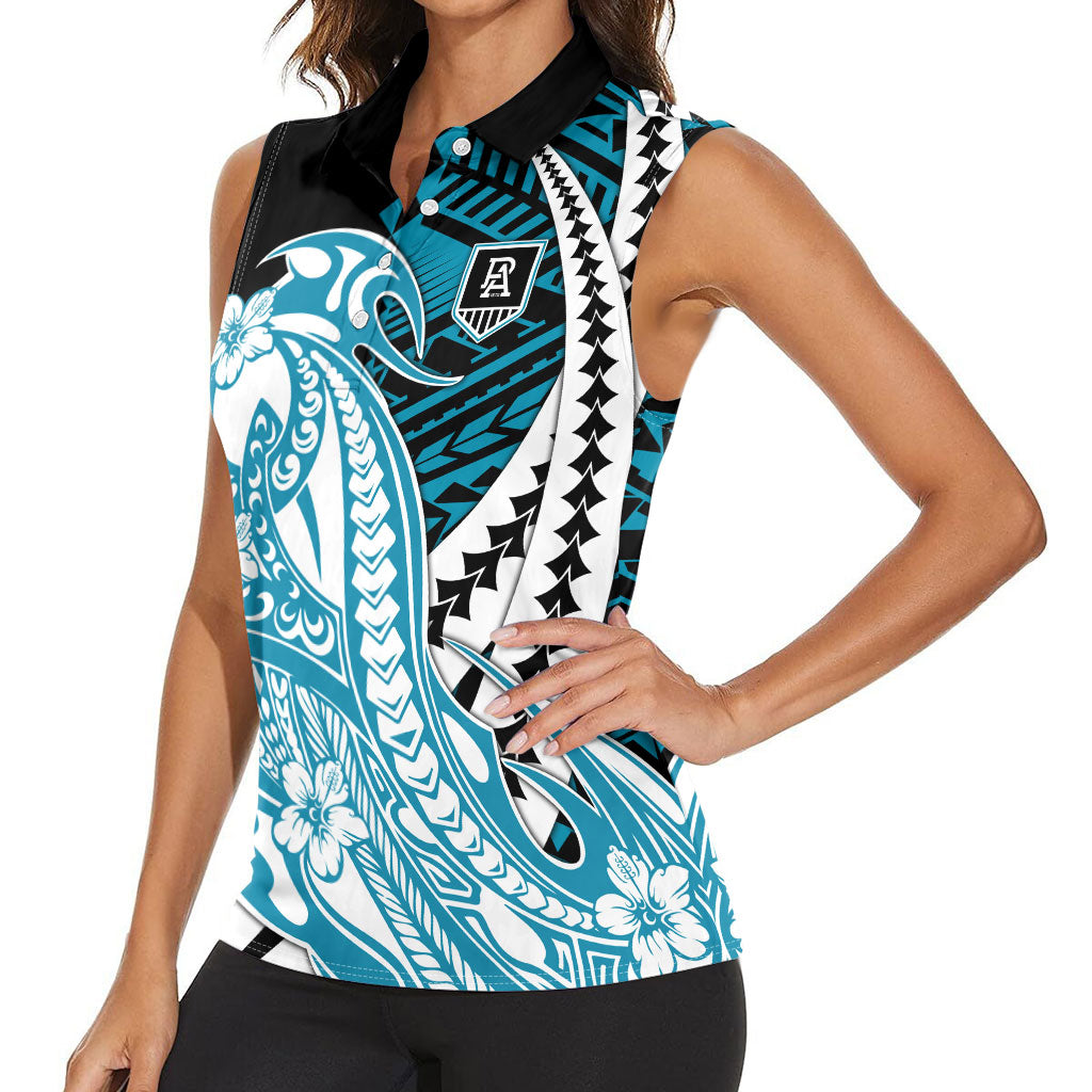 Personalized Port Adelaide Power Women Sleeveless Polo Shirt Polynesian Tribal Lightning Bolt Mascot With Hibiscus Floral Art