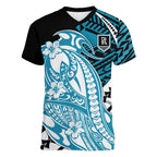 Personalized Port Adelaide Power Women V-Neck T-Shirt Polynesian Tribal Lightning Bolt Mascot With Hibiscus Floral Art