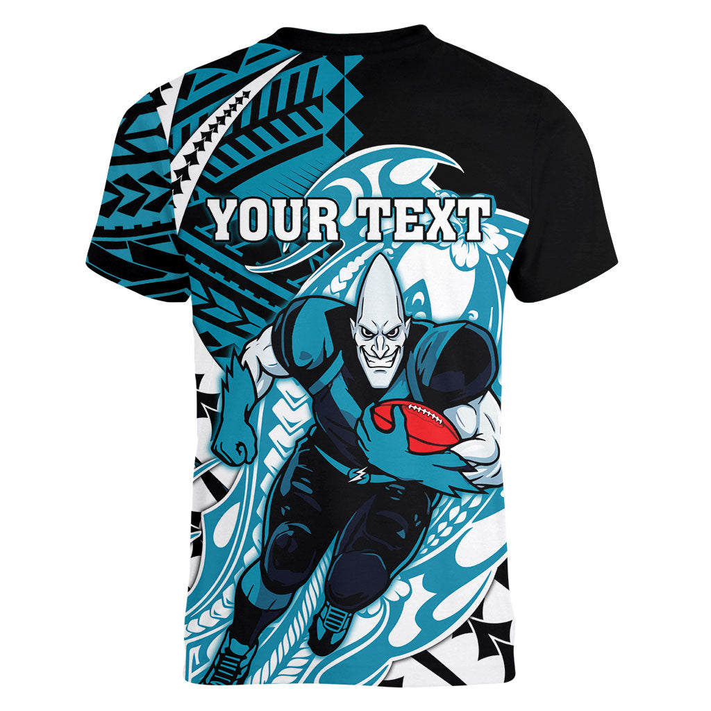 Personalized Port Adelaide Power Women V-Neck T-Shirt Polynesian Tribal Lightning Bolt Mascot With Hibiscus Floral Art