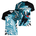 Personalized Port Adelaide Power Women V-Neck T-Shirt Polynesian Tribal Lightning Bolt Mascot With Hibiscus Floral Art