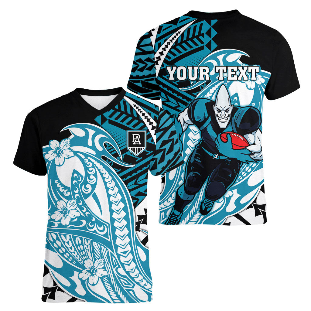 Personalized Port Adelaide Power Women V-Neck T-Shirt Polynesian Tribal Lightning Bolt Mascot With Hibiscus Floral Art