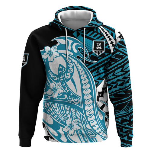 Personalized Port Adelaide Power Zip Hoodie Polynesian Tribal Lightning Bolt Mascot With Hibiscus Floral Art