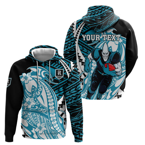 Personalized Port Adelaide Power Zip Hoodie Polynesian Tribal Lightning Bolt Mascot With Hibiscus Floral Art