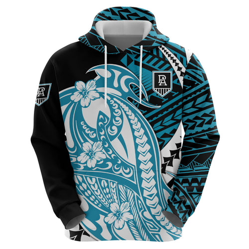 Personalized Port Adelaide Power Zip Hoodie Polynesian Tribal Lightning Bolt Mascot With Hibiscus Floral Art