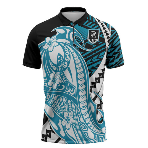 Personalized Port Adelaide Power Zipper Polo Shirt Polynesian Tribal Lightning Bolt Mascot With Hibiscus Floral Art