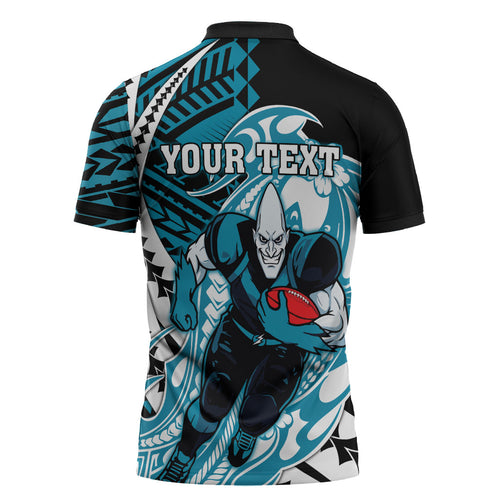 Personalized Port Adelaide Power Zipper Polo Shirt Polynesian Tribal Lightning Bolt Mascot With Hibiscus Floral Art