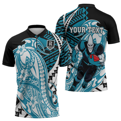 Personalized Port Adelaide Power Zipper Polo Shirt Polynesian Tribal Lightning Bolt Mascot With Hibiscus Floral Art
