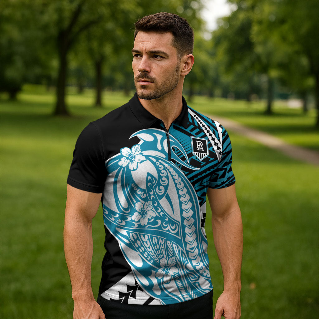 Personalized Port Adelaide Power Zipper Polo Shirt Polynesian Tribal Lightning Bolt Mascot With Hibiscus Floral Art