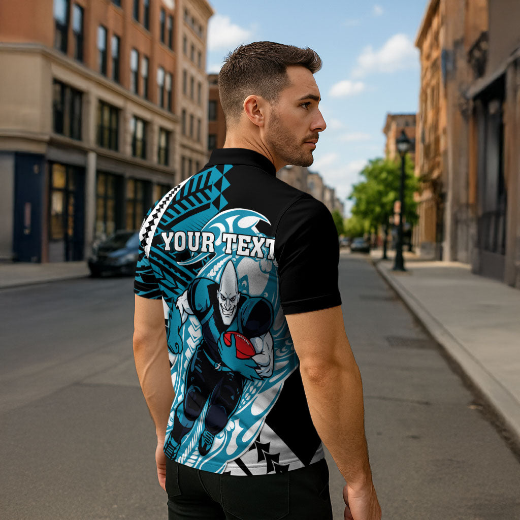 Personalized Port Adelaide Power Zipper Polo Shirt Polynesian Tribal Lightning Bolt Mascot With Hibiscus Floral Art