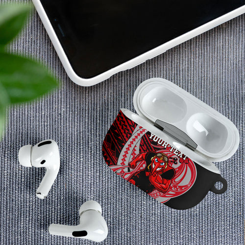 Personalized Essendon Bombers AirPods Case Polynesian Tribal Bomber Pilot Mascot With Hibiscus Floral Art
