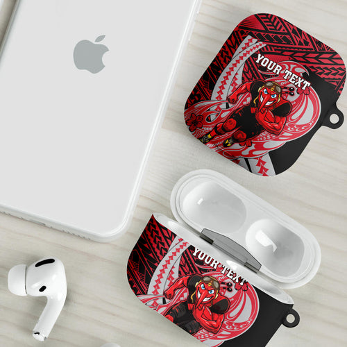 Personalized Essendon Bombers AirPods Case Polynesian Tribal Bomber Pilot Mascot With Hibiscus Floral Art