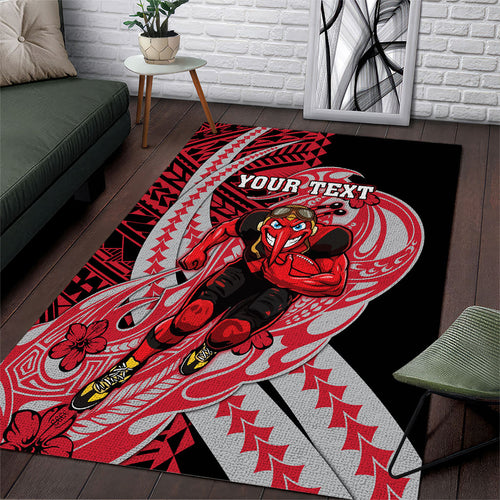 Personalized Essendon Bombers Area Rug Polynesian Tribal Bomber Pilot Mascot With Hibiscus Floral Art