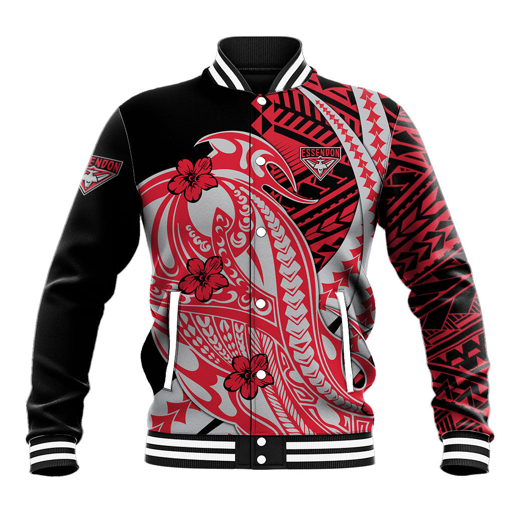 Personalized Essendon Bombers Baseball Jacket Polynesian Tribal Bomber Pilot Mascot With Hibiscus Floral Art