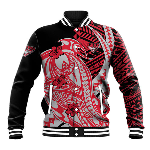 Personalized Essendon Bombers Baseball Jacket Polynesian Tribal Bomber Pilot Mascot With Hibiscus Floral Art