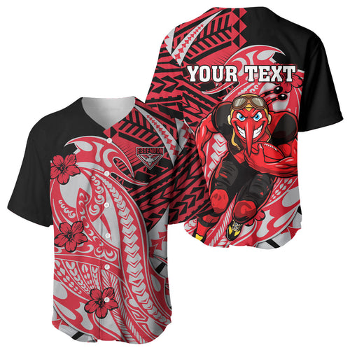 Personalized Essendon Bombers Baseball Jersey Polynesian Tribal Bomber Pilot Mascot With Hibiscus Floral Art