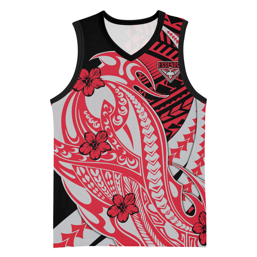 Personalized Essendon Bombers Basketball Jersey Polynesian Tribal Bomber Pilot Mascot With Hibiscus Floral Art