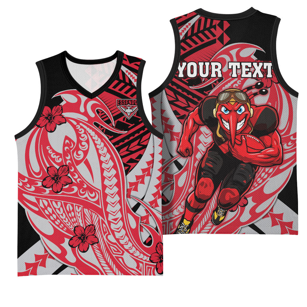 Personalized Essendon Bombers Basketball Jersey Polynesian Tribal Bomber Pilot Mascot With Hibiscus Floral Art