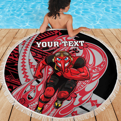 Personalized Essendon Bombers Beach Blanket Polynesian Tribal Bomber Pilot Mascot With Hibiscus Floral Art