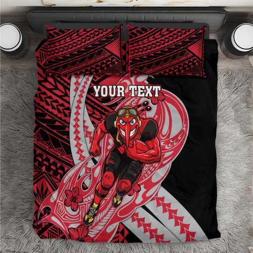 Personalized Essendon Bombers Bedding Set Polynesian Tribal Bomber Pilot Mascot With Hibiscus Floral Art