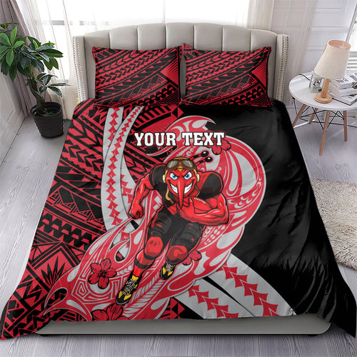 Personalized Essendon Bombers Bedding Set Polynesian Tribal Bomber Pilot Mascot With Hibiscus Floral Art