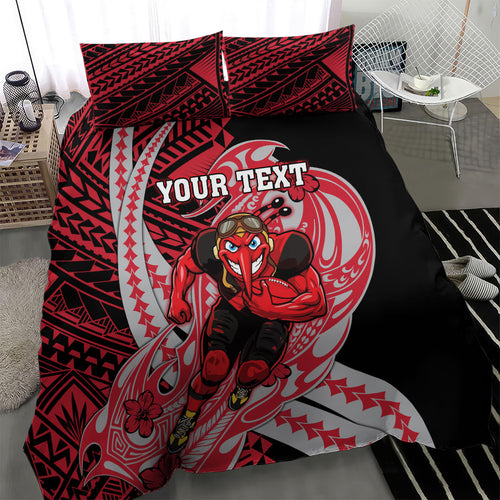 Personalized Essendon Bombers Bedding Set Polynesian Tribal Bomber Pilot Mascot With Hibiscus Floral Art