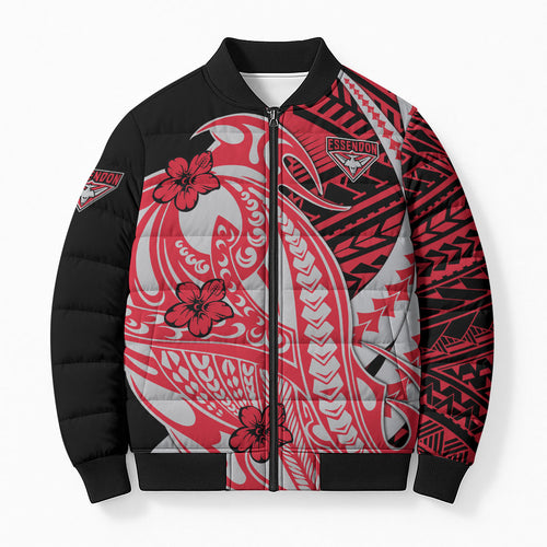 Personalized Essendon Bombers Bomber Puffer Jacket Polynesian Tribal Bomber Pilot Mascot With Hibiscus Floral Art