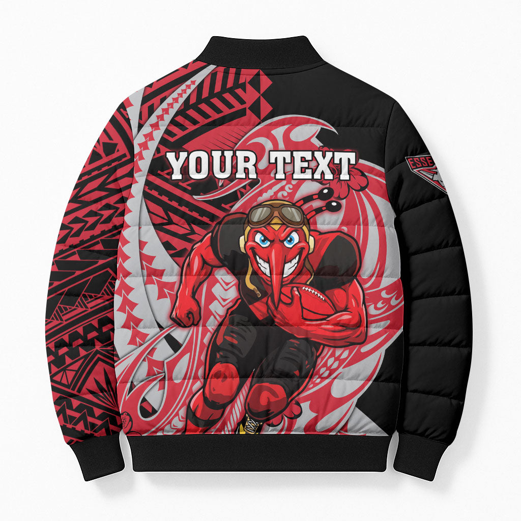 Personalized Essendon Bombers Bomber Puffer Jacket Polynesian Tribal Bomber Pilot Mascot With Hibiscus Floral Art