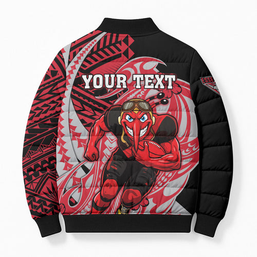 Personalized Essendon Bombers Bomber Puffer Jacket Polynesian Tribal Bomber Pilot Mascot With Hibiscus Floral Art