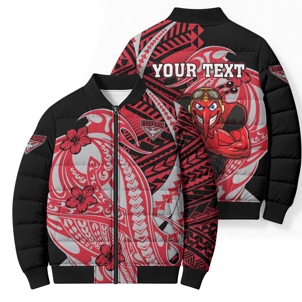 Personalized Essendon Bombers Bomber Puffer Jacket Polynesian Tribal Bomber Pilot Mascot With Hibiscus Floral Art