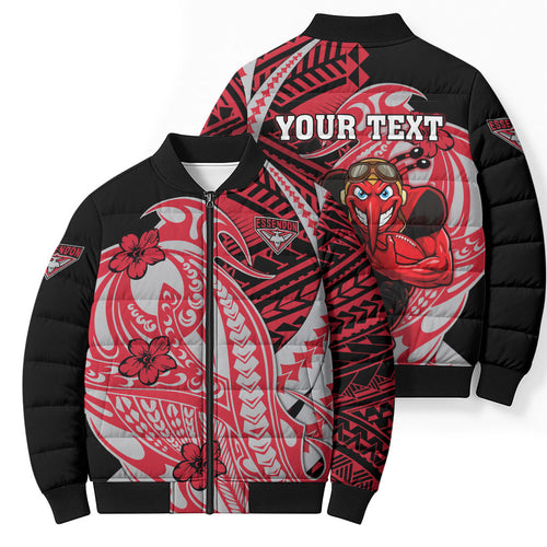Personalized Essendon Bombers Bomber Puffer Jacket Polynesian Tribal Bomber Pilot Mascot With Hibiscus Floral Art