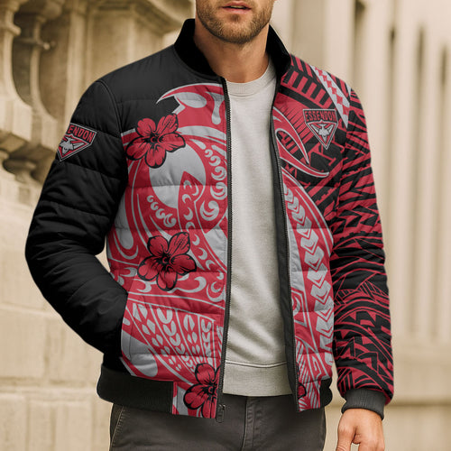 Personalized Essendon Bombers Bomber Puffer Jacket Polynesian Tribal Bomber Pilot Mascot With Hibiscus Floral Art