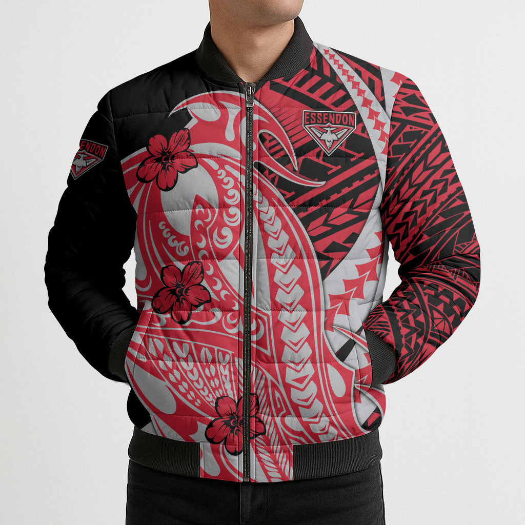 Personalized Essendon Bombers Bomber Puffer Jacket Polynesian Tribal Bomber Pilot Mascot With Hibiscus Floral Art