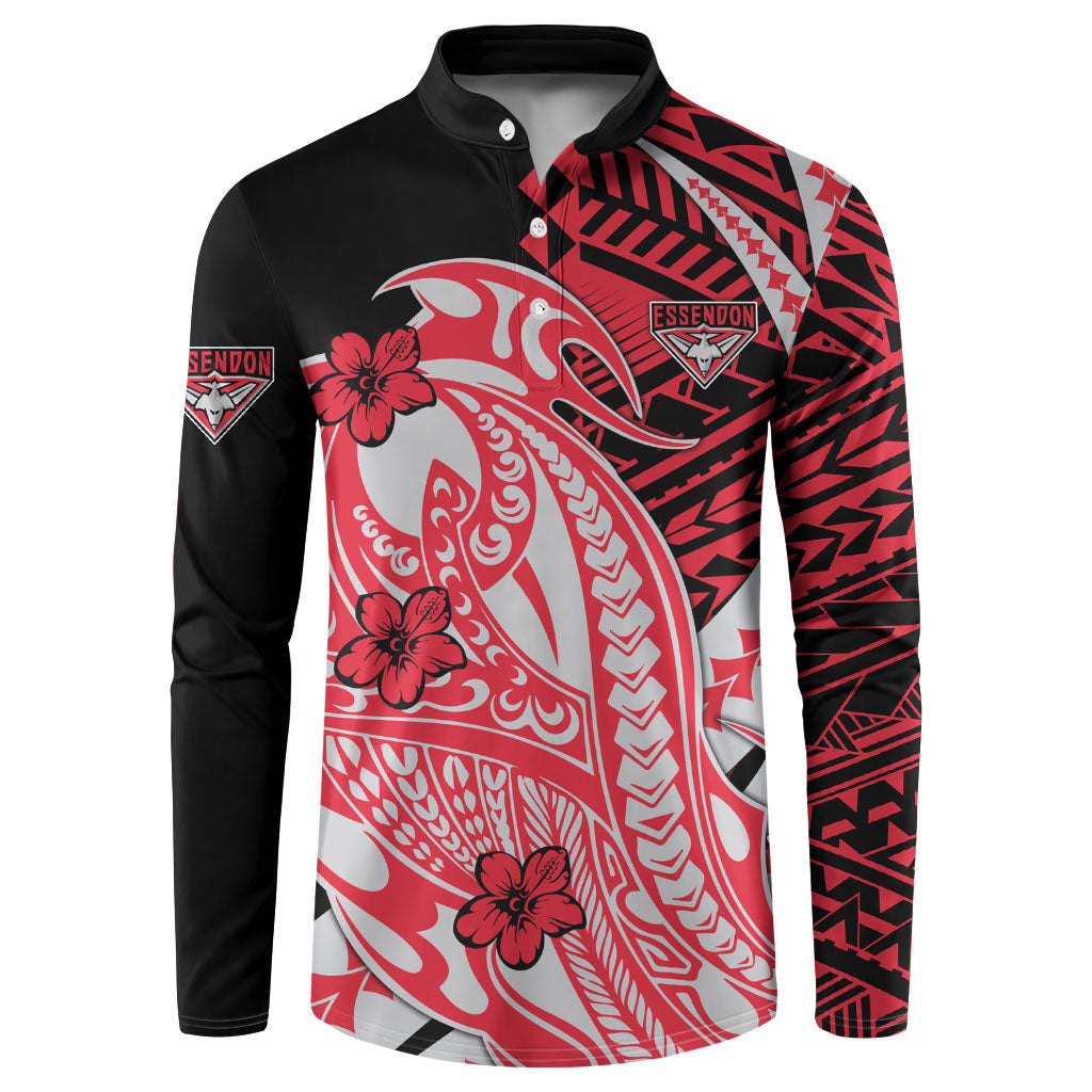 Personalized Essendon Bombers Button Sweatshirt Polynesian Tribal Bomber Pilot Mascot With Hibiscus Floral Art