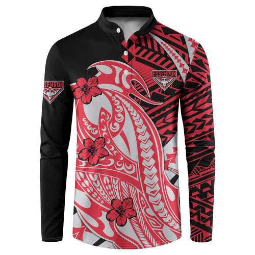 Personalized Essendon Bombers Button Sweatshirt Polynesian Tribal Bomber Pilot Mascot With Hibiscus Floral Art